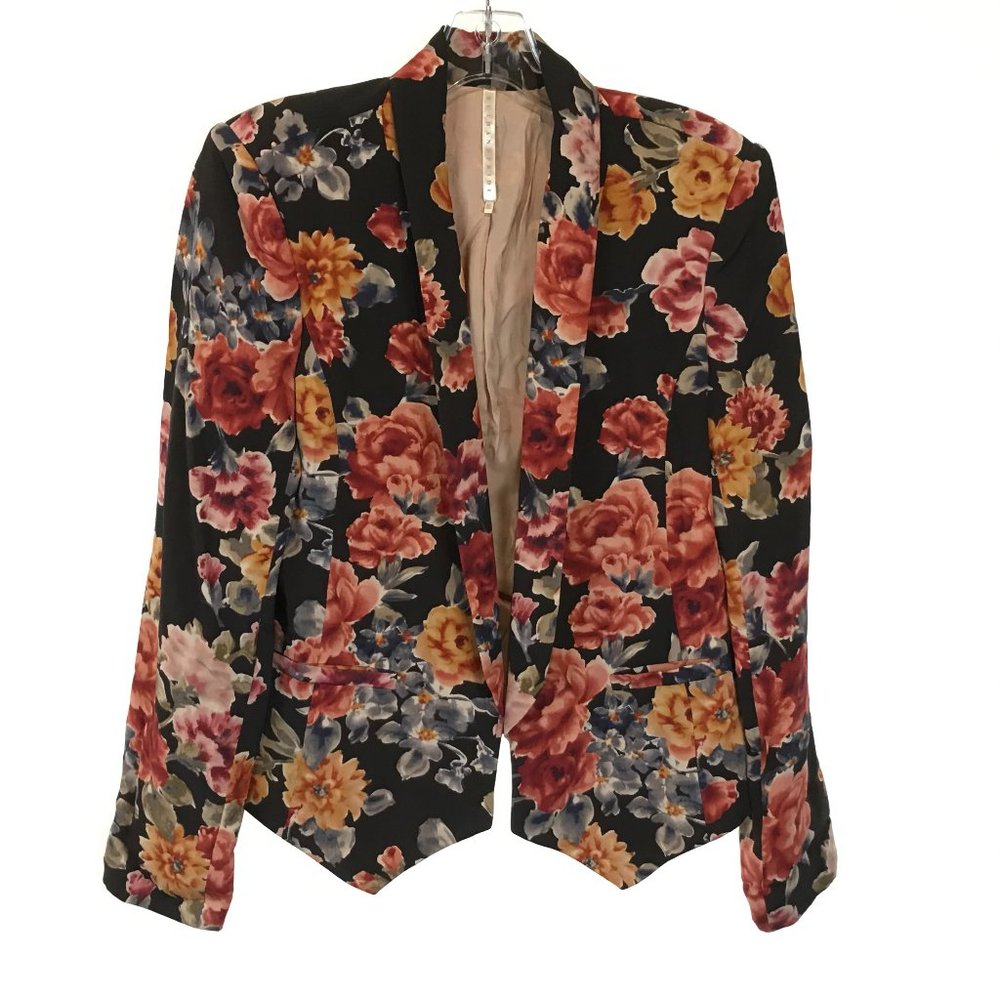 Women Size Medium Truth and Pride Pure Silk Open Front Dark Floral Blazer Jacket